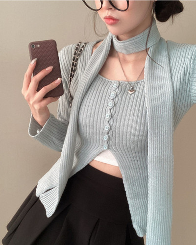 요플레 버튼 머플러 세트 트임 골지 니트