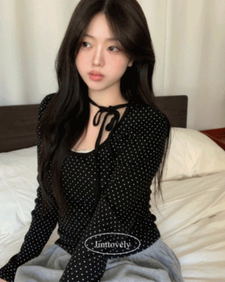 【タイ付き】ドットシャーリングリボン長袖Tシャツ