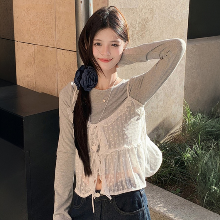 レースシースルーキャミソールTシャツ｜長袖Tシャツ｜韓国ファッション