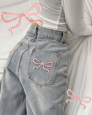 リボン刺繍ワイドデニムパンツ