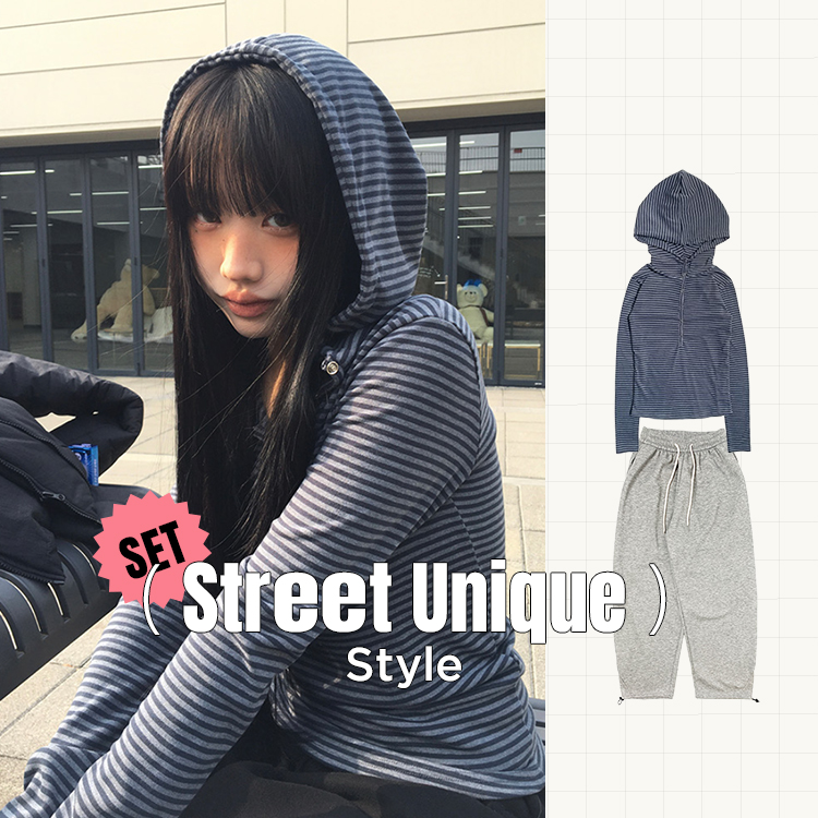 長袖Tシャツ 【SET 超特価!】ユニーク カジュアル♥コーデセット(フードTシャツ+パンツ)