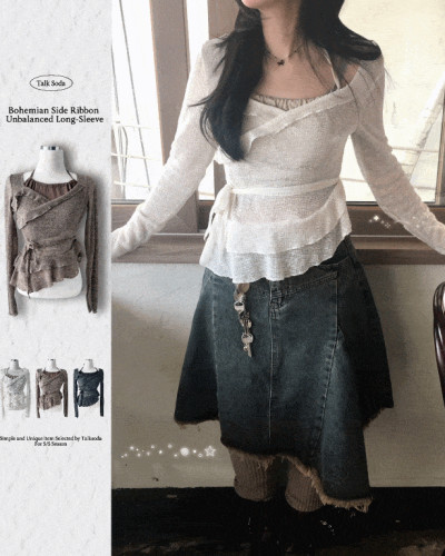 언발 프릴 나시 일체형 레이어드 긴팔 시스루 니트