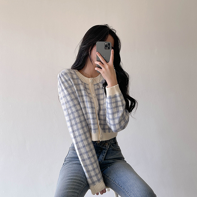 Sonyunara ウール混クロップチェックカーディガン 10代 代女性ファッション韓国通販