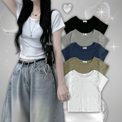 크롭루즈커버무지랍빠유넥라운드반팔티