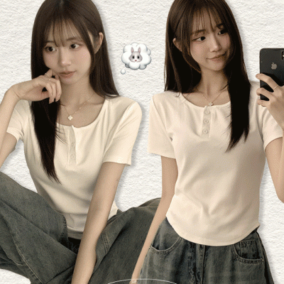 허리가 잘록해보이는 차밍 라운드 버튼 밑단 굴림 세미 크롭 버튼 무지 베이직 여름 반팔 티셔츠 봄 기본티 상의 데일리 반팔티 7color