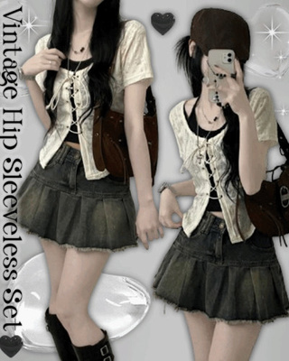 구제아일렛반팔티홀터크롭나시세트