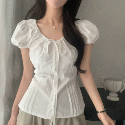 바비 리본 셔링 핀턱 퍼프 반팔블라우스 2color