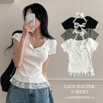 쥬시 레이스 홀터 실퍼 패치 프릴 반팔 티셔츠