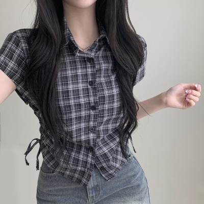 하츄 체크 옆셔링 스트링 카라 반팔 셔츠 남방