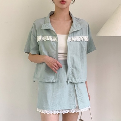 （軽くて涼しいセットアイテム*.*/生活防水可能/活用度アップ）リベラレースシャカシャカ半袖ジップアップバックゴムミニスカートセットアップ