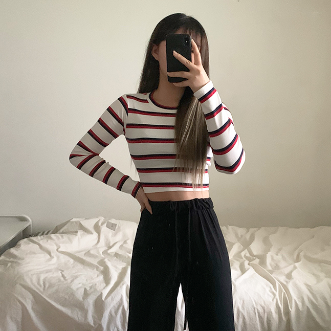 ストライプリブクロップTシャツ