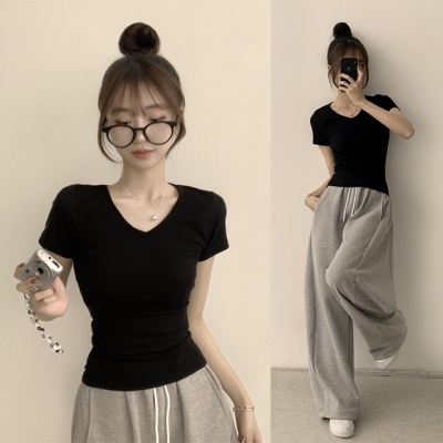 위드미 브이넥 여름 세미 크롭 코튼 무지 반팔 티셔츠 슬림핏 반팔티 6color