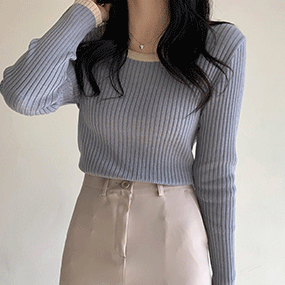 로멘티 유넥 배색 골지 슬림핏 니트