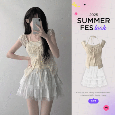 【SUMMER♥フェスコーデセット】キャミ付きリボンブラウス＋レースミニスカート