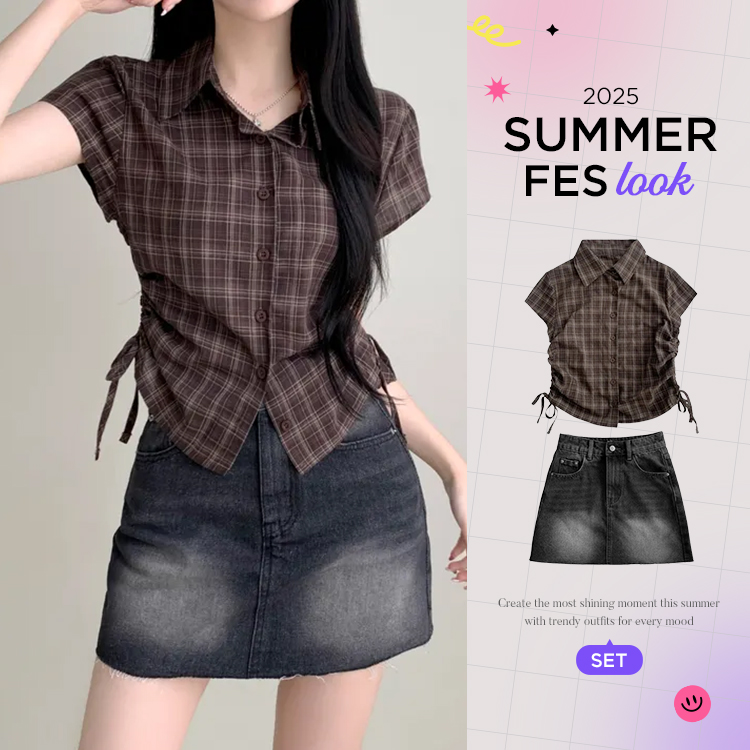 【SUMMER♥フェスコーデセット】シャーリング半袖シャツ＋デニムスカート