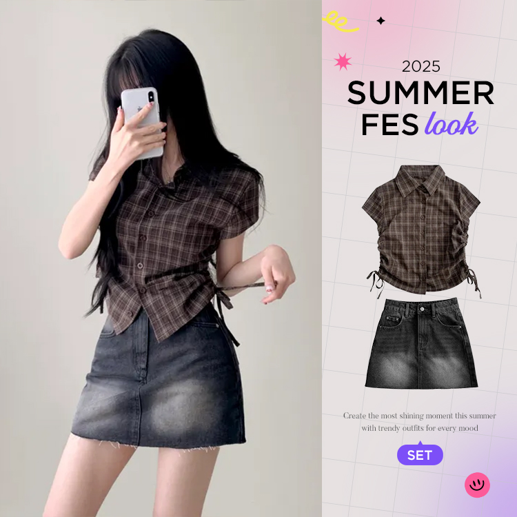 【SUMMER♥フェスコーデセット】シャーリング半袖シャツ＋デニムスカート