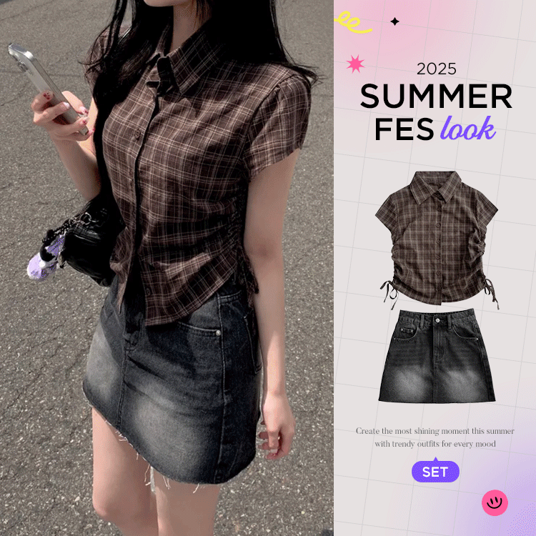 ツーピース デニムシャツ プリーツミニスカート カジュアル 韓国 SUMMER♥フェスコーデセット】シャーリング半袖シャツ＋デニム