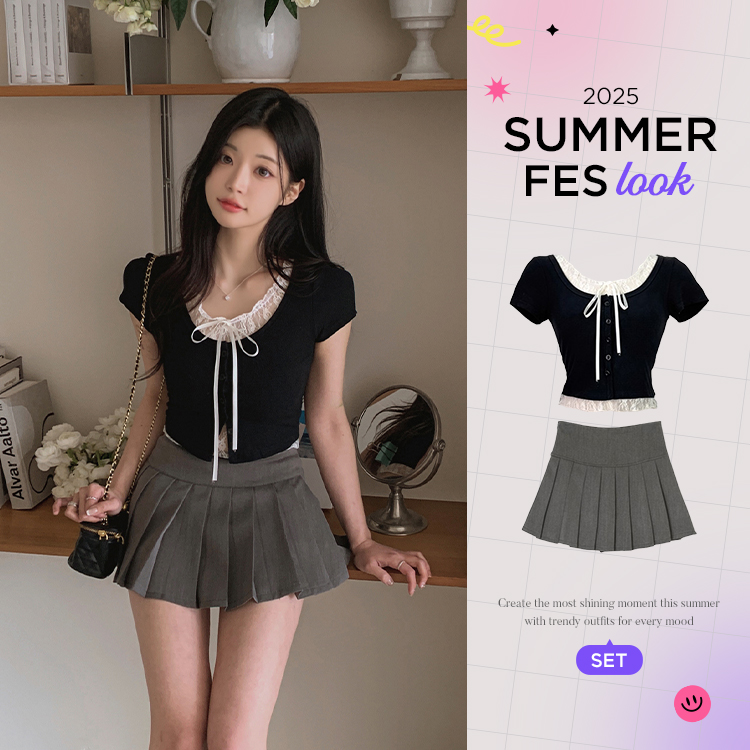 ツーピース 【SUMMER♥フェスコーデセット】レースレイヤード半袖カーディガン+ミニスカート