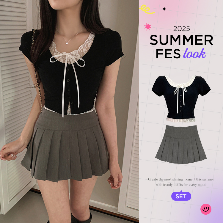 ツーピース 【SUMMER♥フェスコーデセット】レースレイヤード半袖カーディガン+ミニスカート
