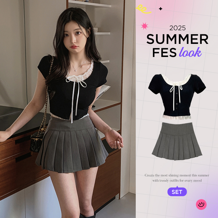 ツーピース 【SUMMER♥フェスコーデセット】レースレイヤード半袖カーディガン+ミニスカート
