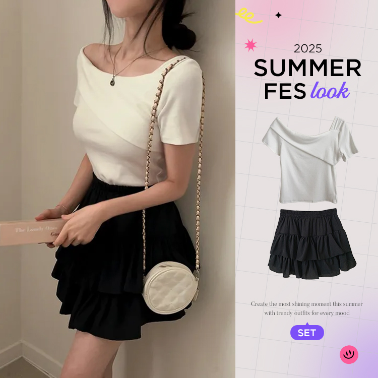 ツーピース 【SUMMER♥フェスコーデセット】ワンオフショルダーTシャツ+ミニスカート