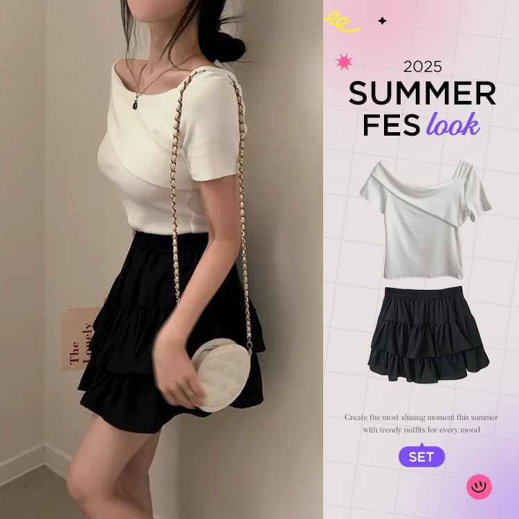 ツーピース 【SUMMER♥フェスコーデセット】ワンオフショルダーTシャツ+ミニスカート