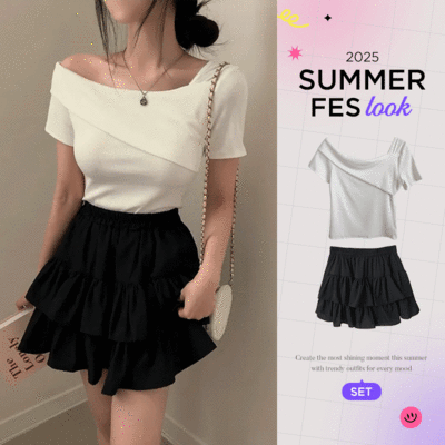 【SUMMER♥フェスコーデセット】ワンオフショルダーTシャツ＋ミニスカート