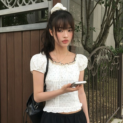 ドットレースパフリボンブラウス