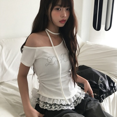 【タイ付き】レースワンオフストラップ半袖Tシャツ