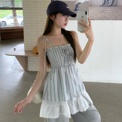 レイヤードフリルリボンキャミソールドレス レイヤードフリルキャミソール｜ノースリーブ｜韓国ファッション