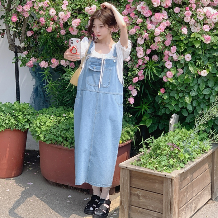 デニムオーバーロールワンピース｜ロングワンピース｜韓国ファッション