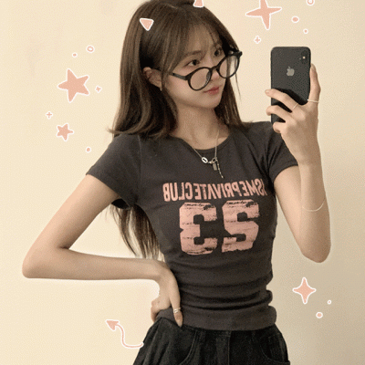 허리가 잘록해보이는 여름 나염 레터링 라운드 세미 크롭 반팔 티셔츠 베이직 캐주얼 반팔티 3color