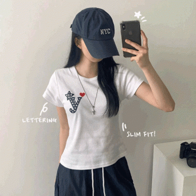 와티 코튼 쫀쫀 슬림핏 빅 프린팅 반팔 티셔츠