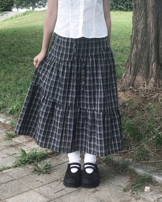 バンディングティアードチェックロングスカート
