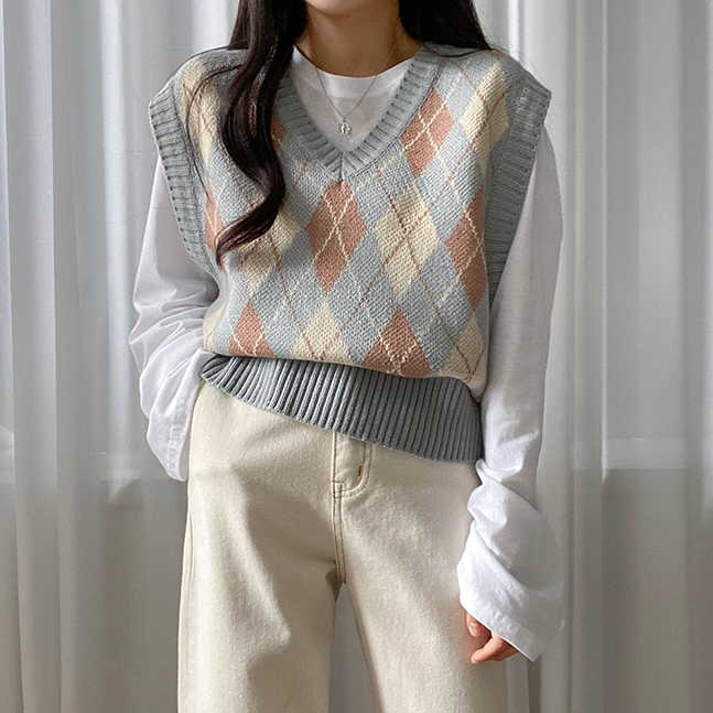 Sona クラシックアーガイルニットベスト 10代 代女性ファッション韓国通販