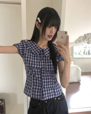 ラウンドパフチェックブラウス