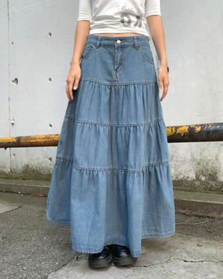 デニムティアードボタンロングスカート