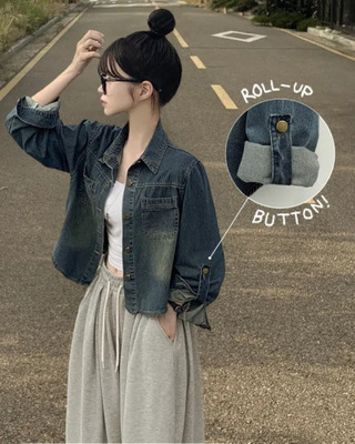 セミクロップロールアップデニムシャツ