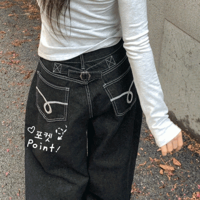 에클렛 논페이드 백 버클 자수 포켓 데님 롱 와이드팬츠