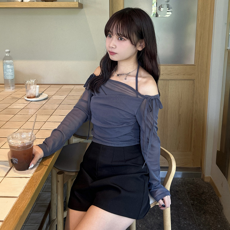 キャミSET】シースルーリボンオフショルトップス｜長袖Tシャツ