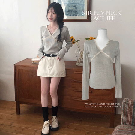 レースストライプスリム長袖Tシャツ