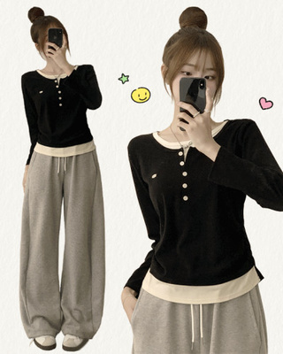 투픽 라운드 버튼 펜던트 버튼 레이어드 단추 긴팔 티셔츠