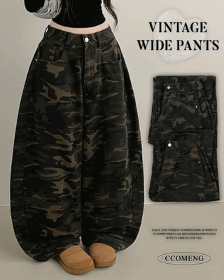 숏롱선택루프카모패턴코튼사이드스냅와이드롱팬츠