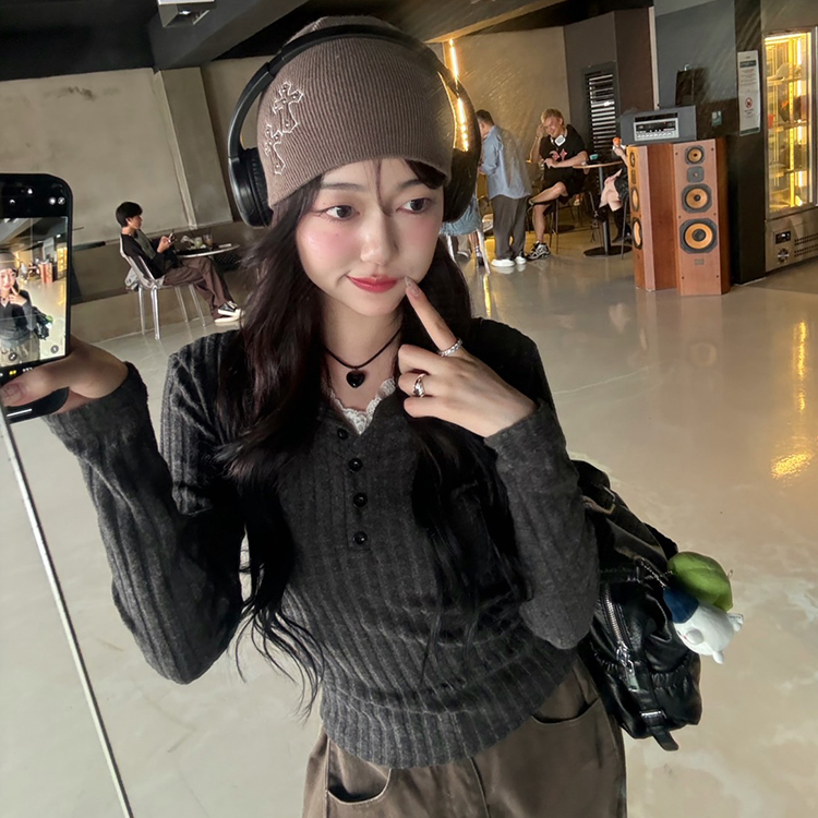 YOKANG 透け感レース風黒カーディガン レースレイヤード風カーディガン|長袖Tシャツ|韓国
