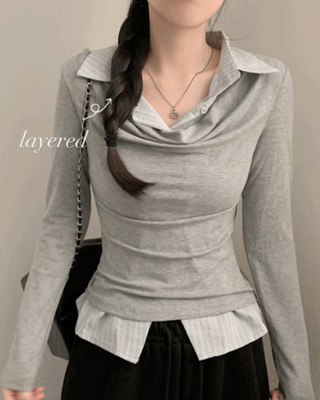 셔츠 레이어드 입술넥 셔링 긴팔티 긴팔 롱슬리브