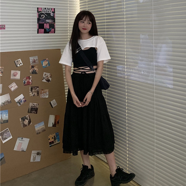 紐ポイントレイヤードタンクトップ半袖セット