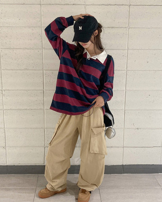 뉴딘 단가라 스트라이프 루즈핏 카라 긴팔 티셔츠