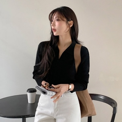 [ウール含有] ネル リブ オープンカラー ニット