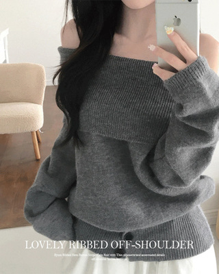 류니 오프숄더 골지 밑단버튼 스트라이프 무지 여리 긴팔 두툼 니트