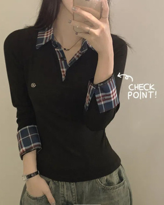 긱시크 배색 카라 체크셔츠 레이어드st 일체형 슬림핏 버튼 허리잘록 펜던트 긴팔티셔츠